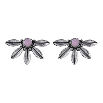 Carved Charm Dangler earrings (White) Crescent Bloom Oxidised Studs - Baby Pink Combo set