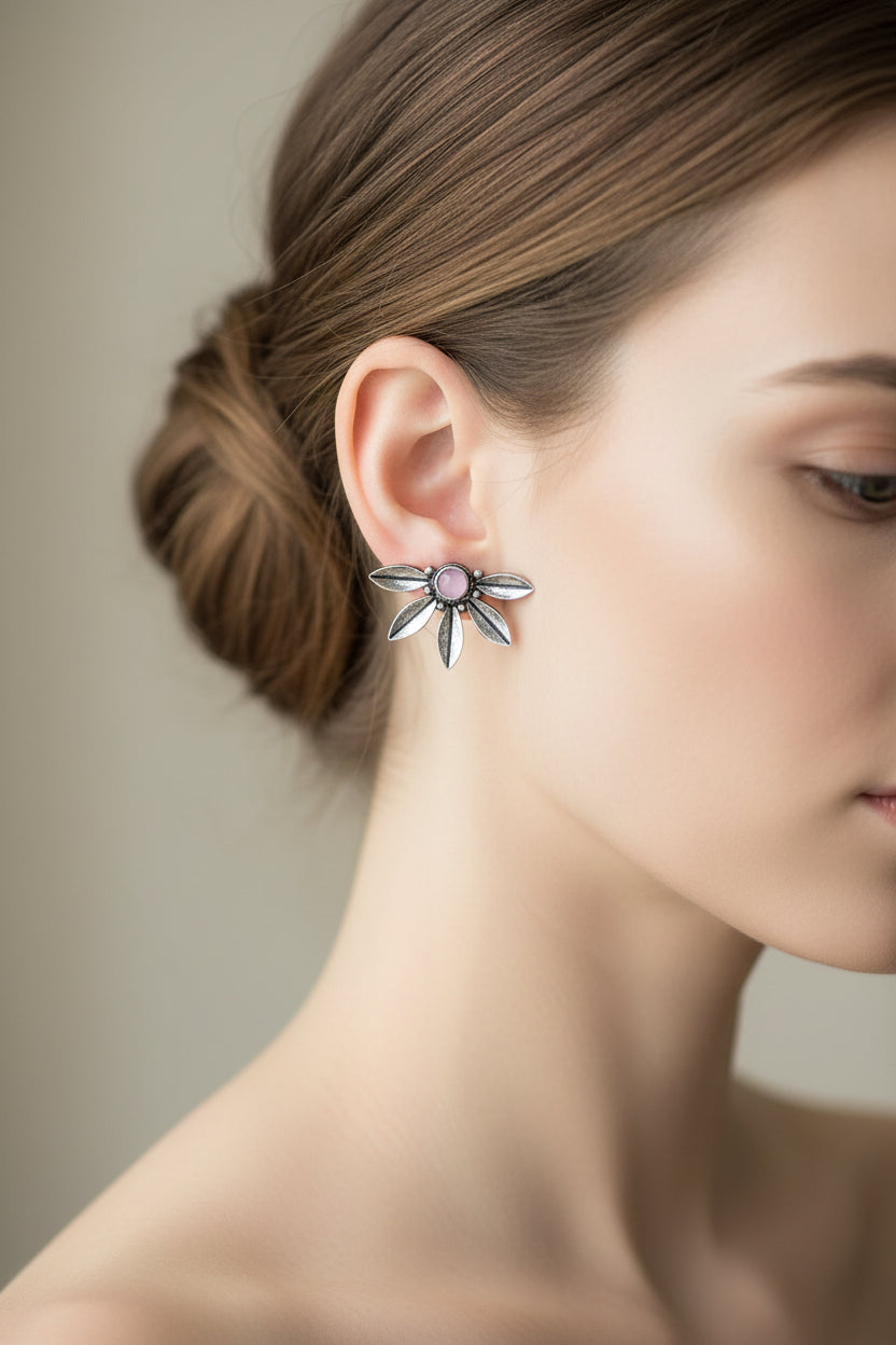 Crescent Bloom Oxidised Studs - Baby Pink