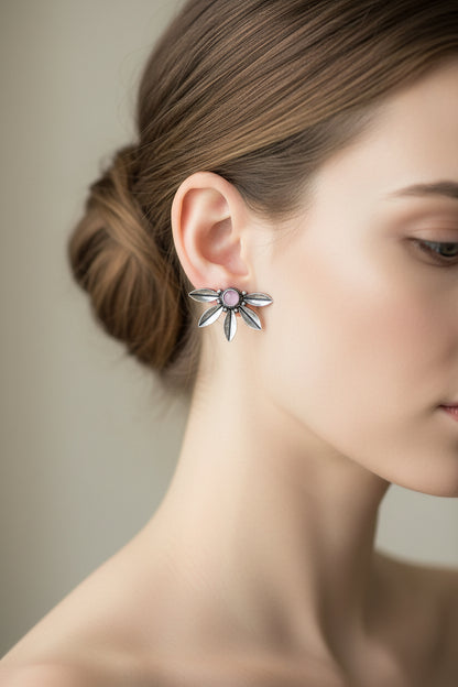 Crescent Bloom Oxidised Studs - Baby Pink