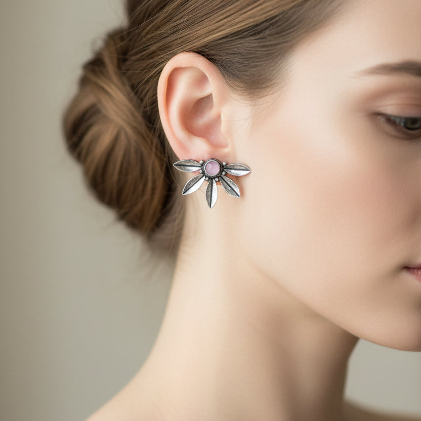 Carved Charm Dangler earrings (White) Crescent Bloom Oxidised Studs - Baby Pink Combo set