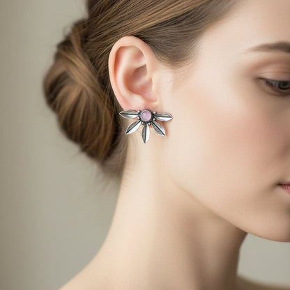 Carved Charm Dangler earrings (White) Crescent Bloom Oxidised Studs - Baby Pink Combo set