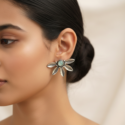 Crescent Bloom Oxidised Studs - Mint
