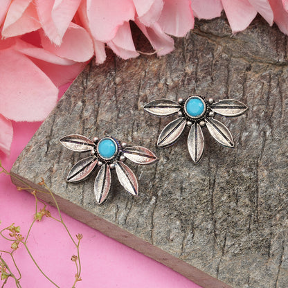 Crescent Bloom Oxidised Studs - Sky Blue