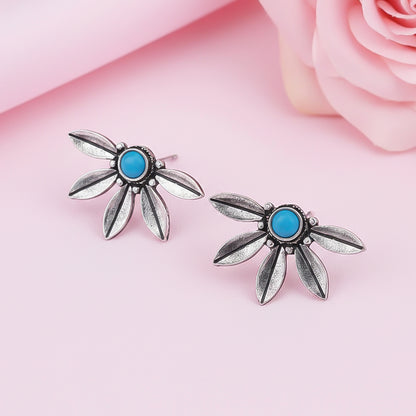 Crescent Bloom Oxidised Studs - Sky Blue