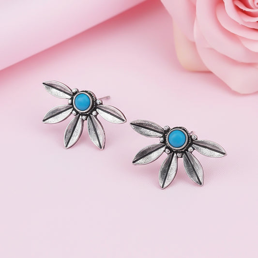 Crescent Bloom Oxidised Studs - Sky Blue