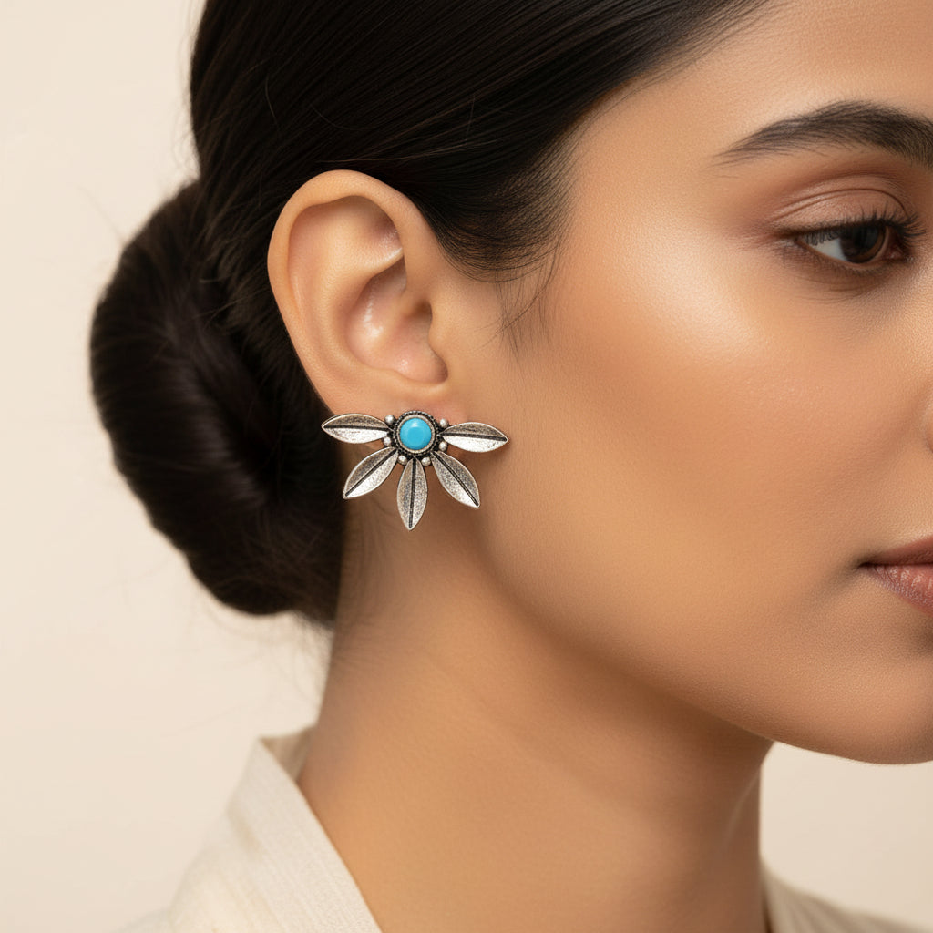 Carved Charm Dangler earrings (White) Crescent Bloom Oxidised Studs - Sky Blue Combo set