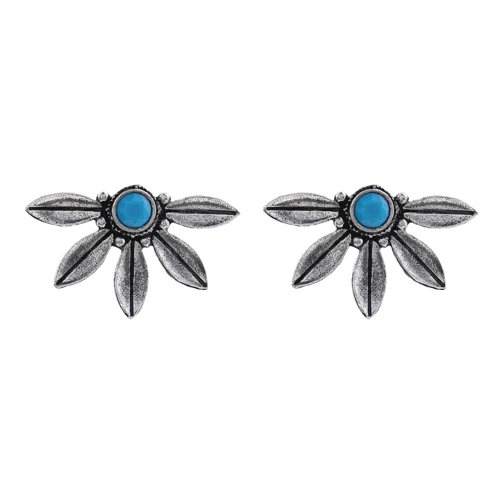 Carved Charm Dangler earrings (White) Crescent Bloom Oxidised Studs - Sky Blue Combo set