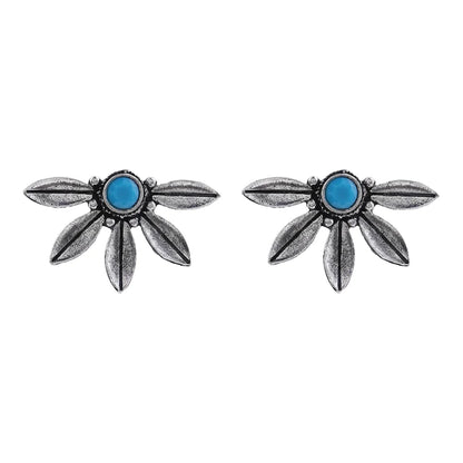 Carved Charm Dangler earrings (White) Crescent Bloom Oxidised Studs - Sky Blue Combo set