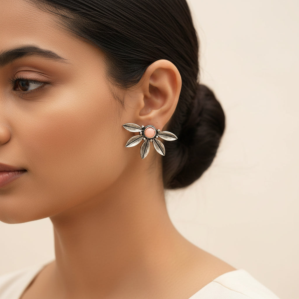 Carved Charm Dangler earrings (White) Crescent Bloom Oxidised Studs - Light Orange Combo set