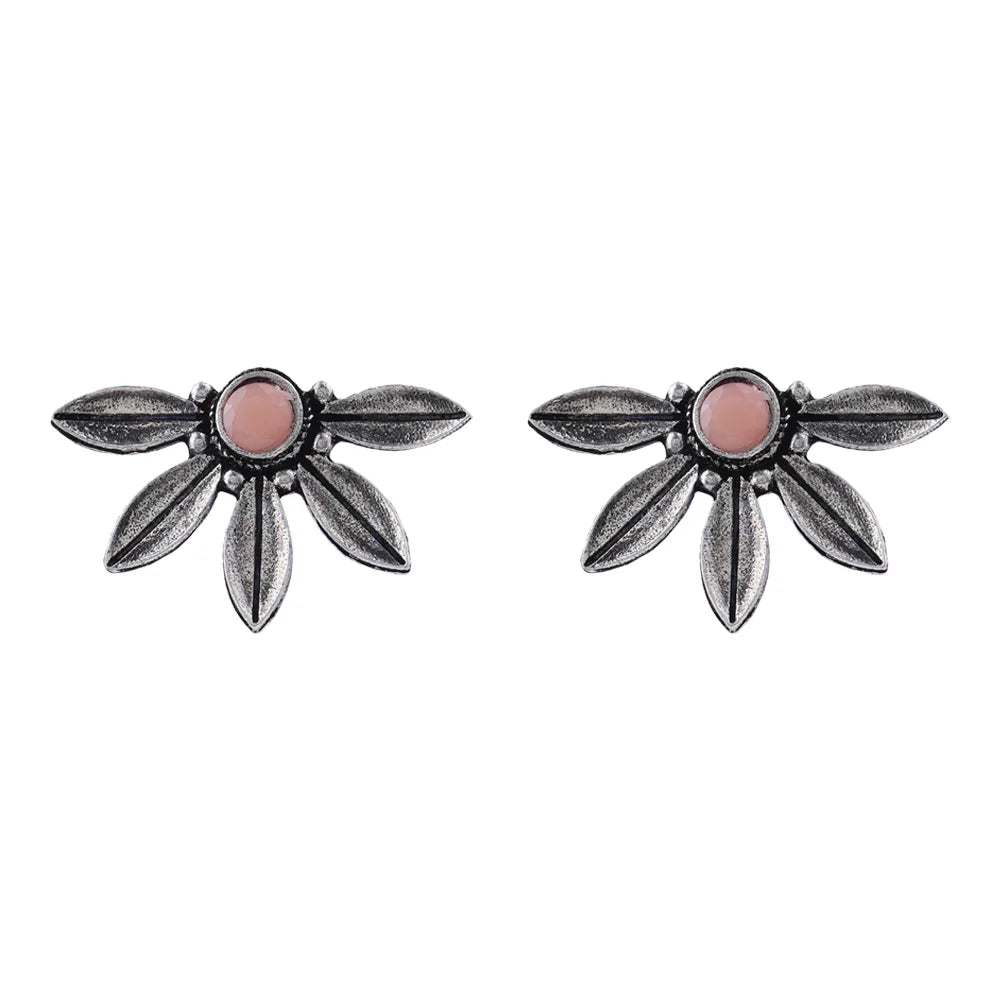 Carved Charm Dangler earrings (White) Crescent Bloom Oxidised Studs - Light Orange Combo set