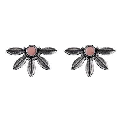 Carved Charm Dangler earrings (White) Crescent Bloom Oxidised Studs - Light Orange Combo set
