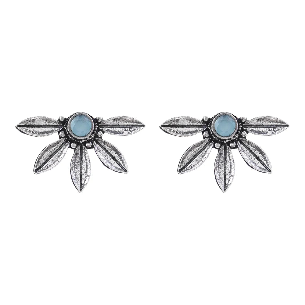 Carved Charm Dangler earrings (White) Crescent Bloom Oxidised Studs - Mint Combo set