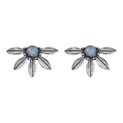 Carved Charm Dangler earrings (White) Crescent Bloom Oxidised Studs - Mint Combo set