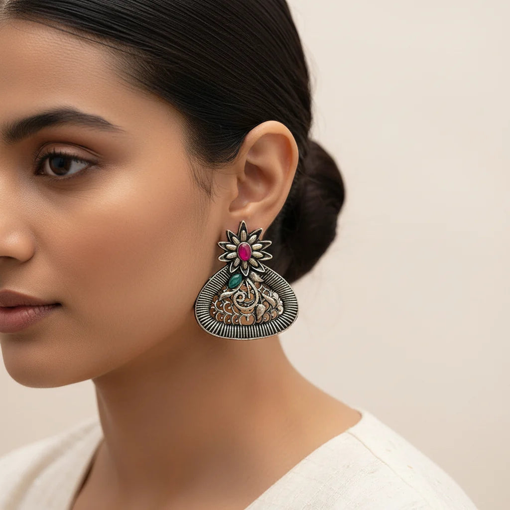 Peacock glow stone studded dangler & Glint stone studded stud Combo set