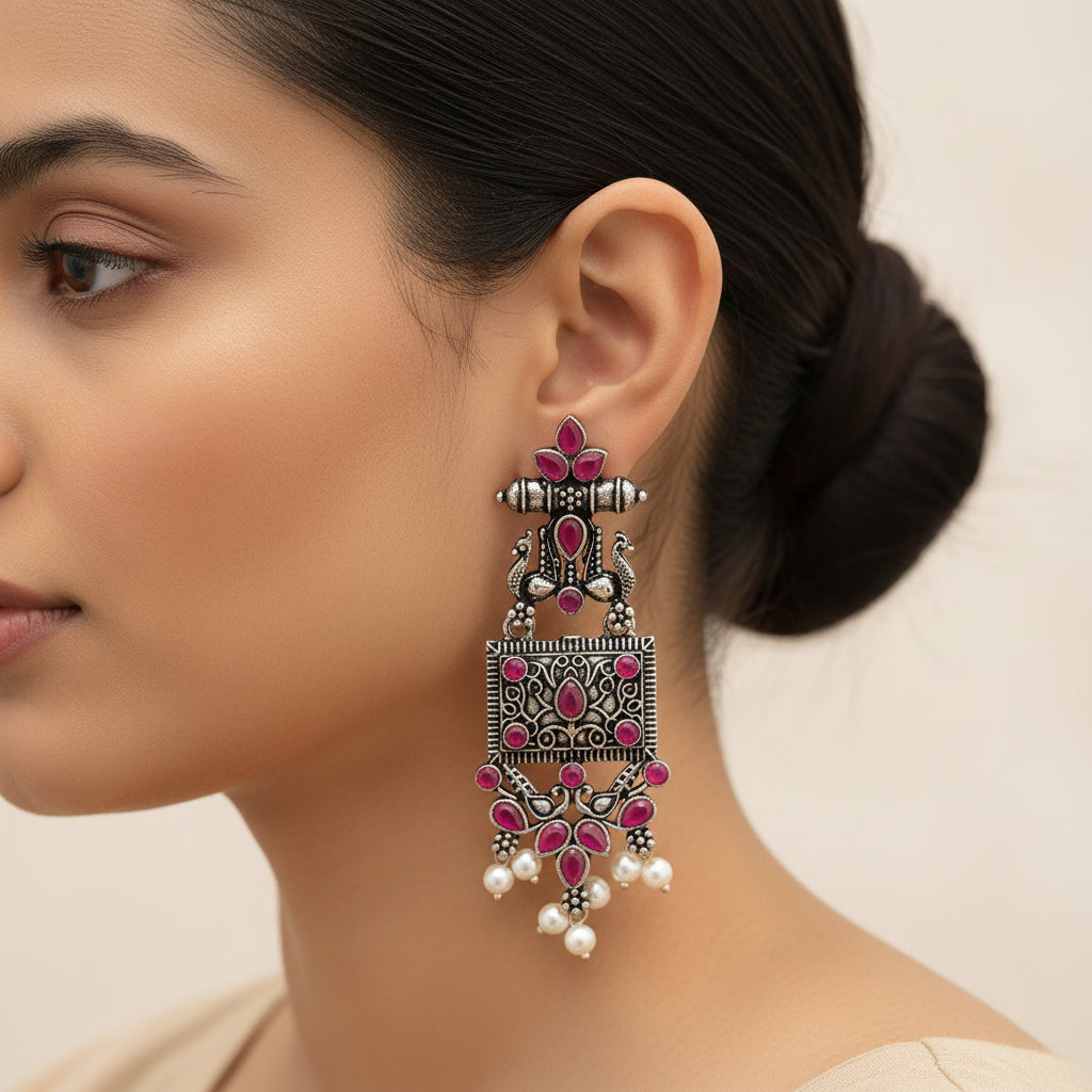 Peaflair pearls oxidised dangler earrings (Red)