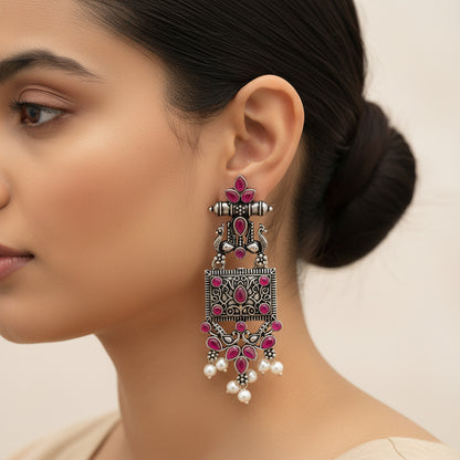 Peaflair pearls oxidised dangler earrings (Red)