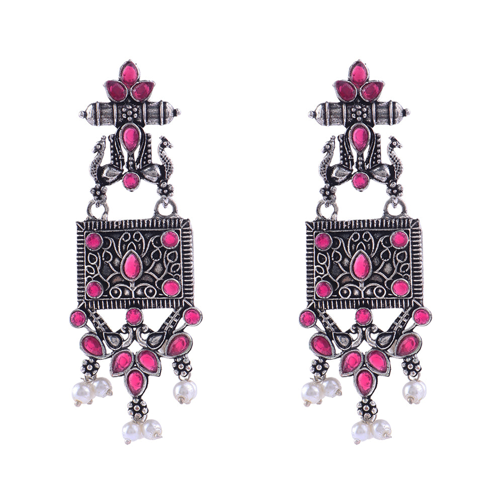 Peaflair pearls oxidised dangler earrings (Red)