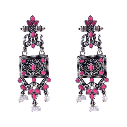 Peaflair pearls oxidised dangler earrings (Red)