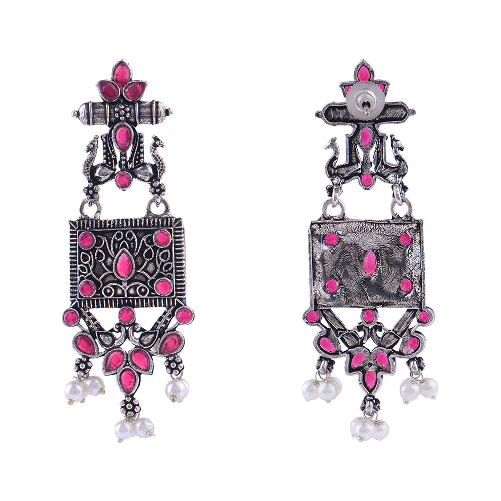 Peaflair pearls oxidised dangler earrings (Red)