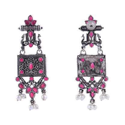 Peaflair pearls oxidised dangler earrings (Red)