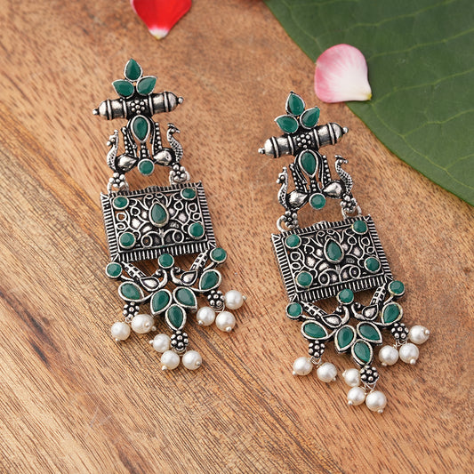 Peaflair pearls oxidised dangler earrings (Green)