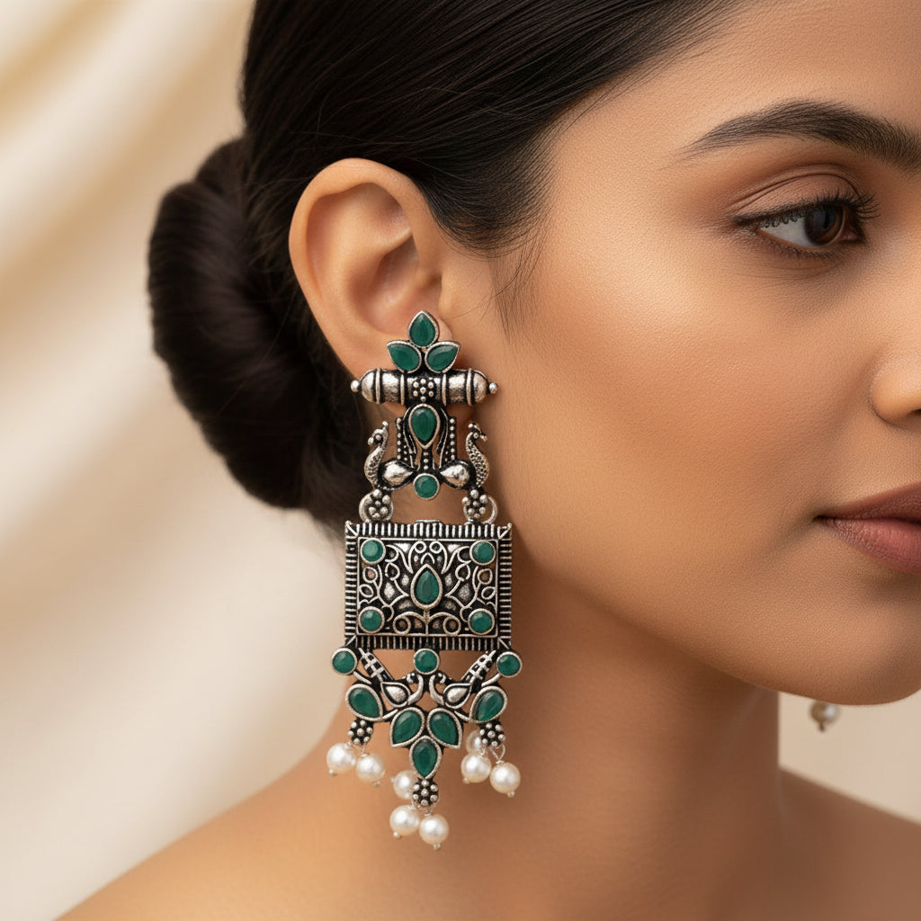 Peaflair pearls oxidised dangler earrings (Green)