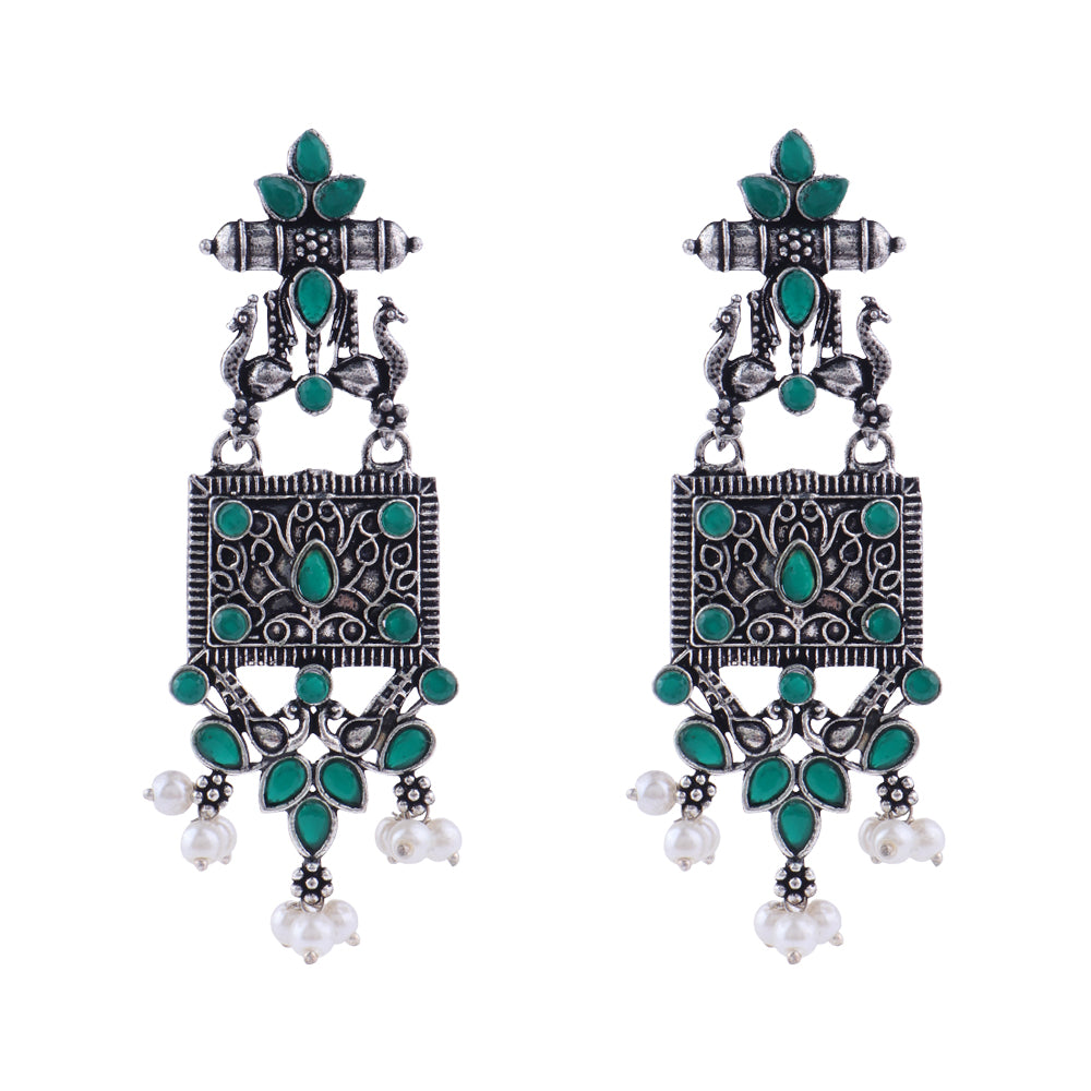 Peaflair pearls oxidised dangler earrings (Green)