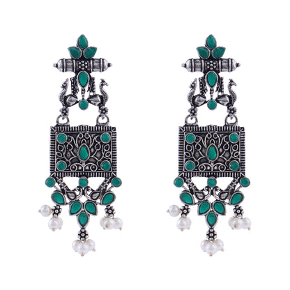 Peaflair pearls oxidised dangler earrings (Green)