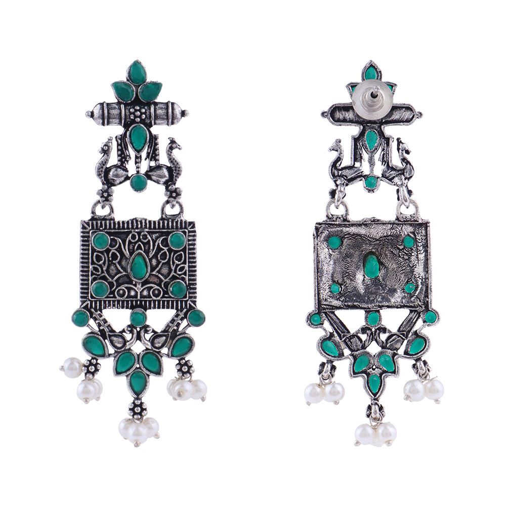 Peaflair pearls oxidised dangler earrings (Green)