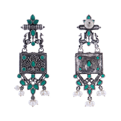 Peaflair pearls oxidised dangler earrings (Green)