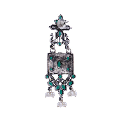 Peaflair pearls oxidised dangler earrings (Green)
