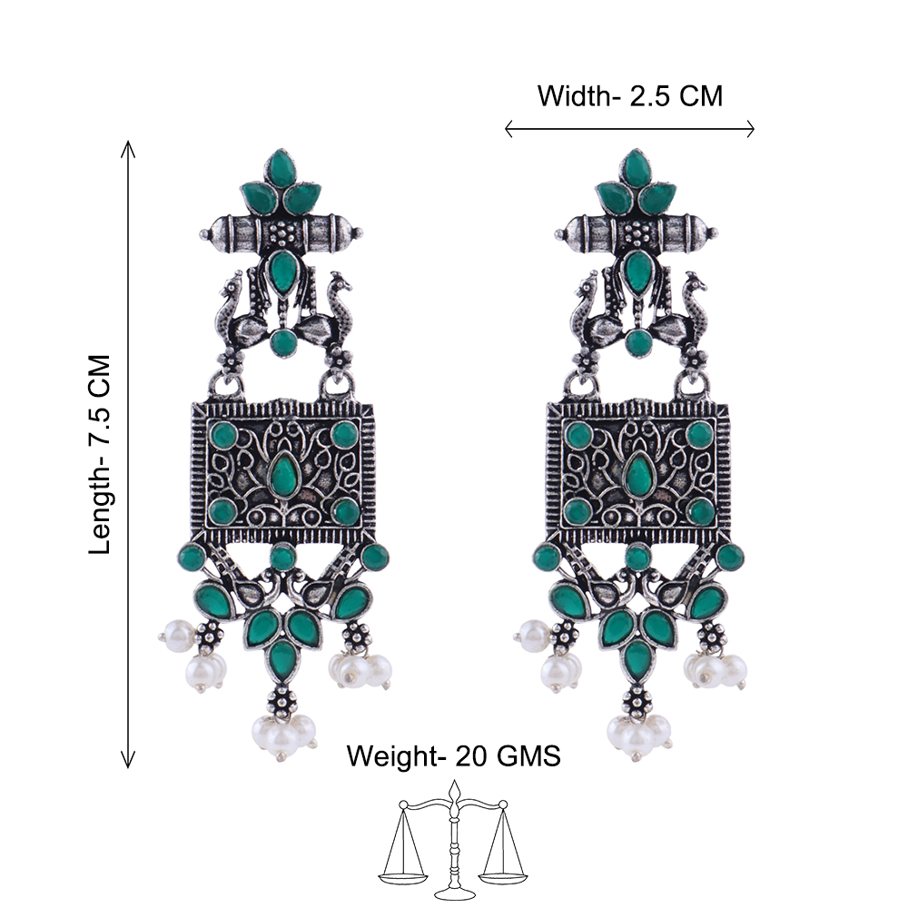 Peaflair pearls oxidised dangler earrings (Green)