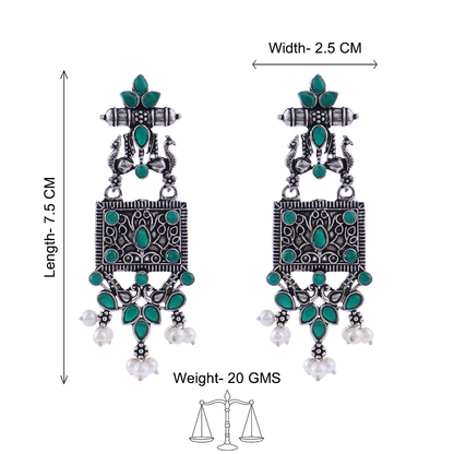 Peaflair pearls oxidised dangler earrings (Green)