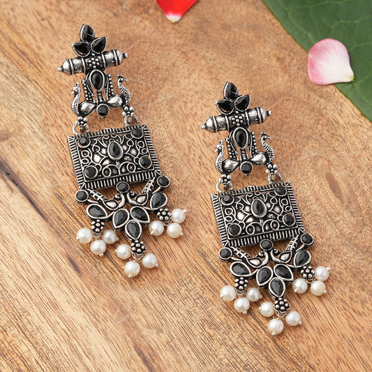 Peaflair pearls oxidised dangler earrings (Black)