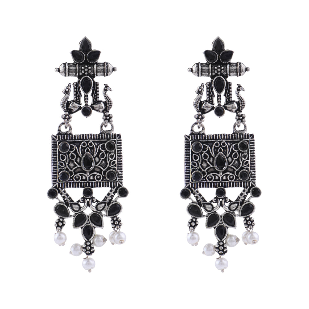 Peaflair pearls oxidised dangler earrings (Black)