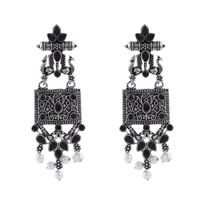 Peaflair pearls oxidised dangler earrings (Black)