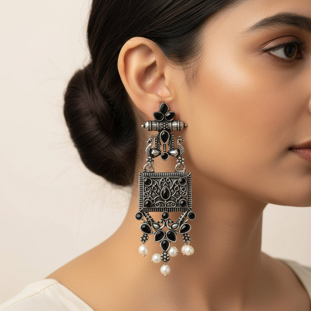Peaflair pearls oxidised dangler earrings (Black)
