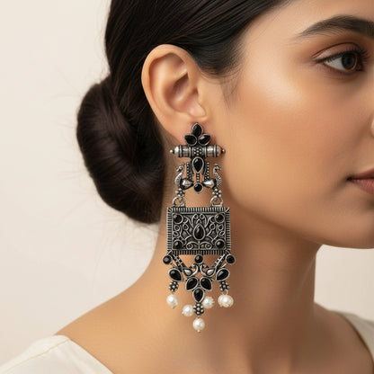 Peaflair pearls oxidised dangler earrings (Black)