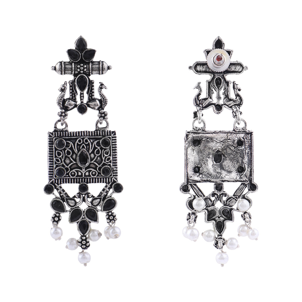 Peaflair pearls oxidised dangler earrings (Black)
