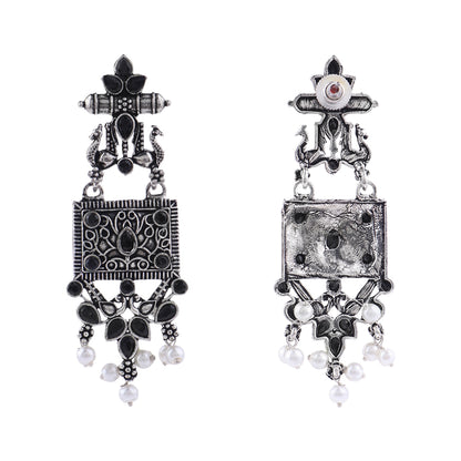 Peaflair pearls oxidised dangler earrings (Black)