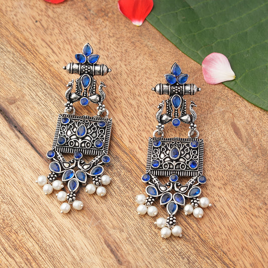 Peaflair pearls oxidised dangler earrings (Blue)