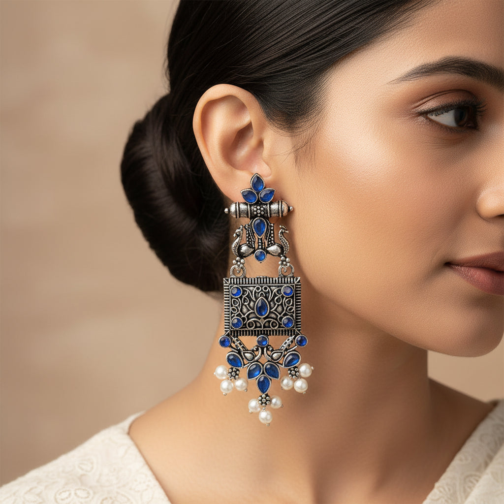 Peaflair pearls oxidised dangler earrings (Blue)