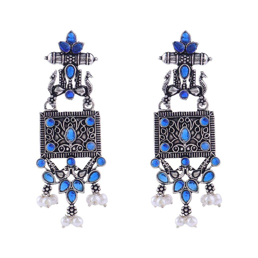 Peaflair pearls oxidised dangler earrings (Blue)
