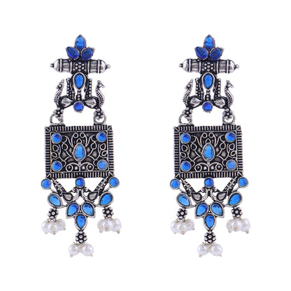 Peaflair pearls oxidised dangler earrings (Blue)