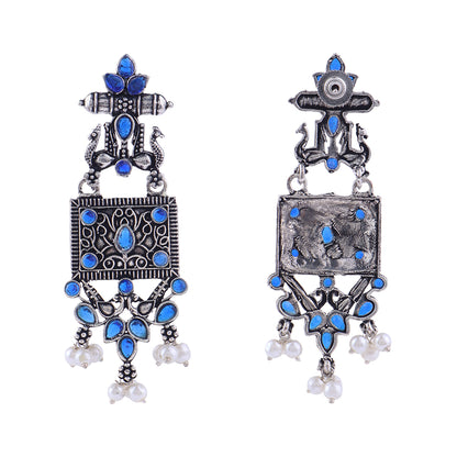 Peaflair pearls oxidised dangler earrings (Blue)
