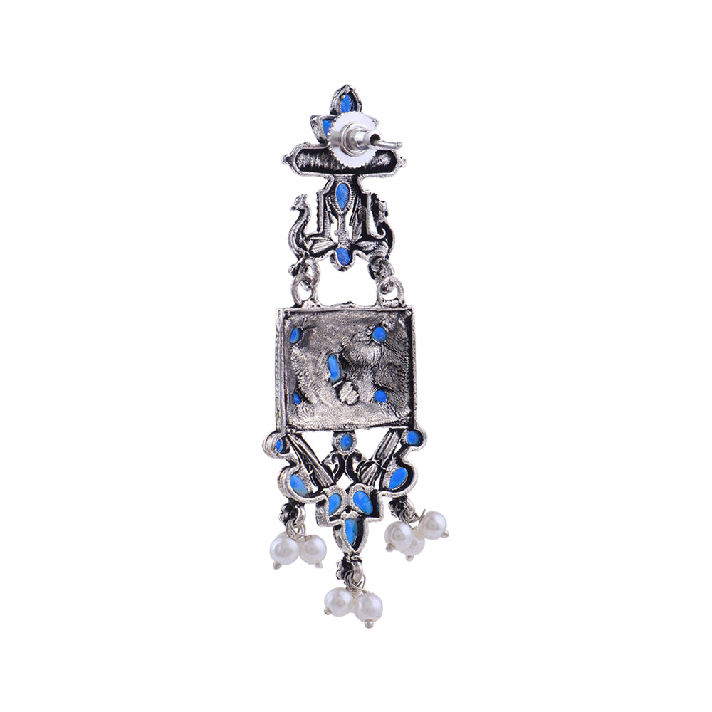 Peaflair pearls oxidised dangler earrings (Blue)