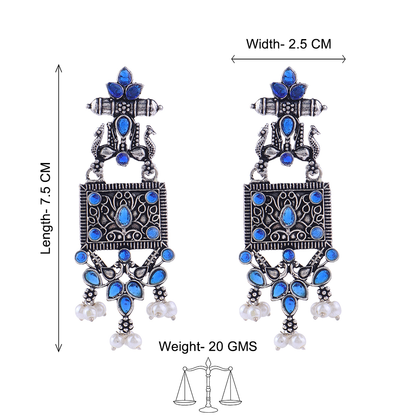 Peaflair pearls oxidised dangler earrings (Blue)