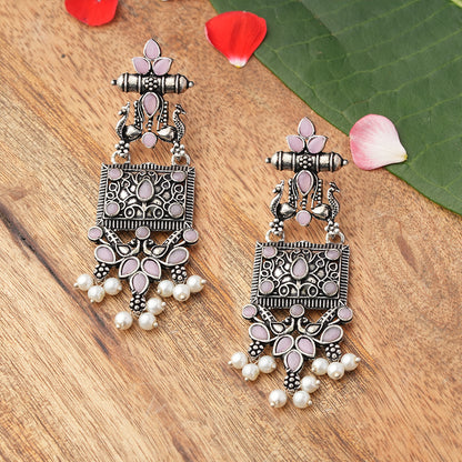 Peaflair pearls oxidised dangler earrings (Baby Pink)