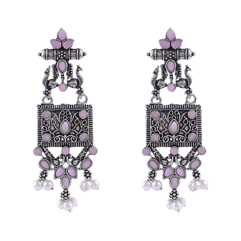 Peaflair pearls oxidised dangler earrings (Baby Pink)
