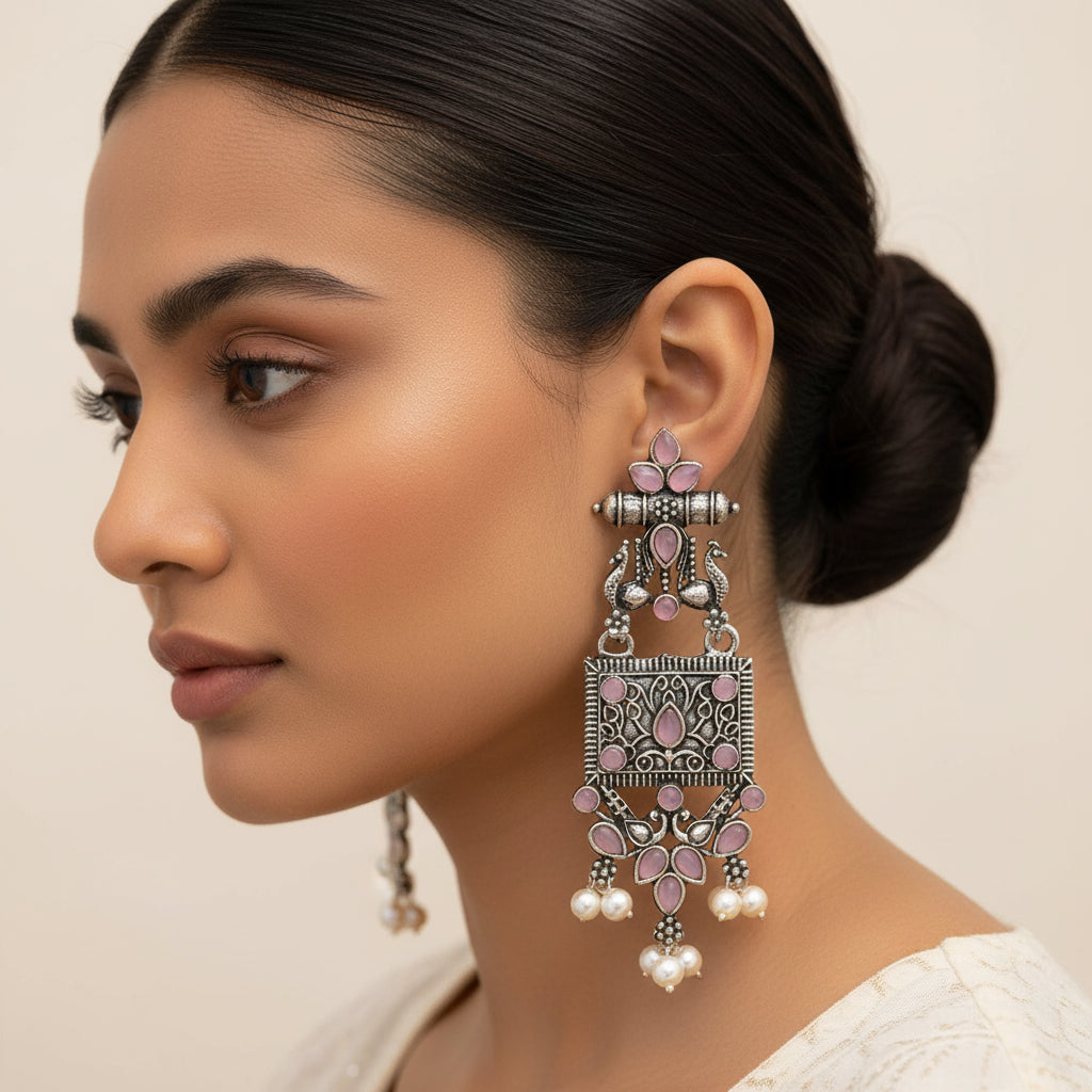 Peaflair pearls oxidised dangler earrings (Baby Pink)